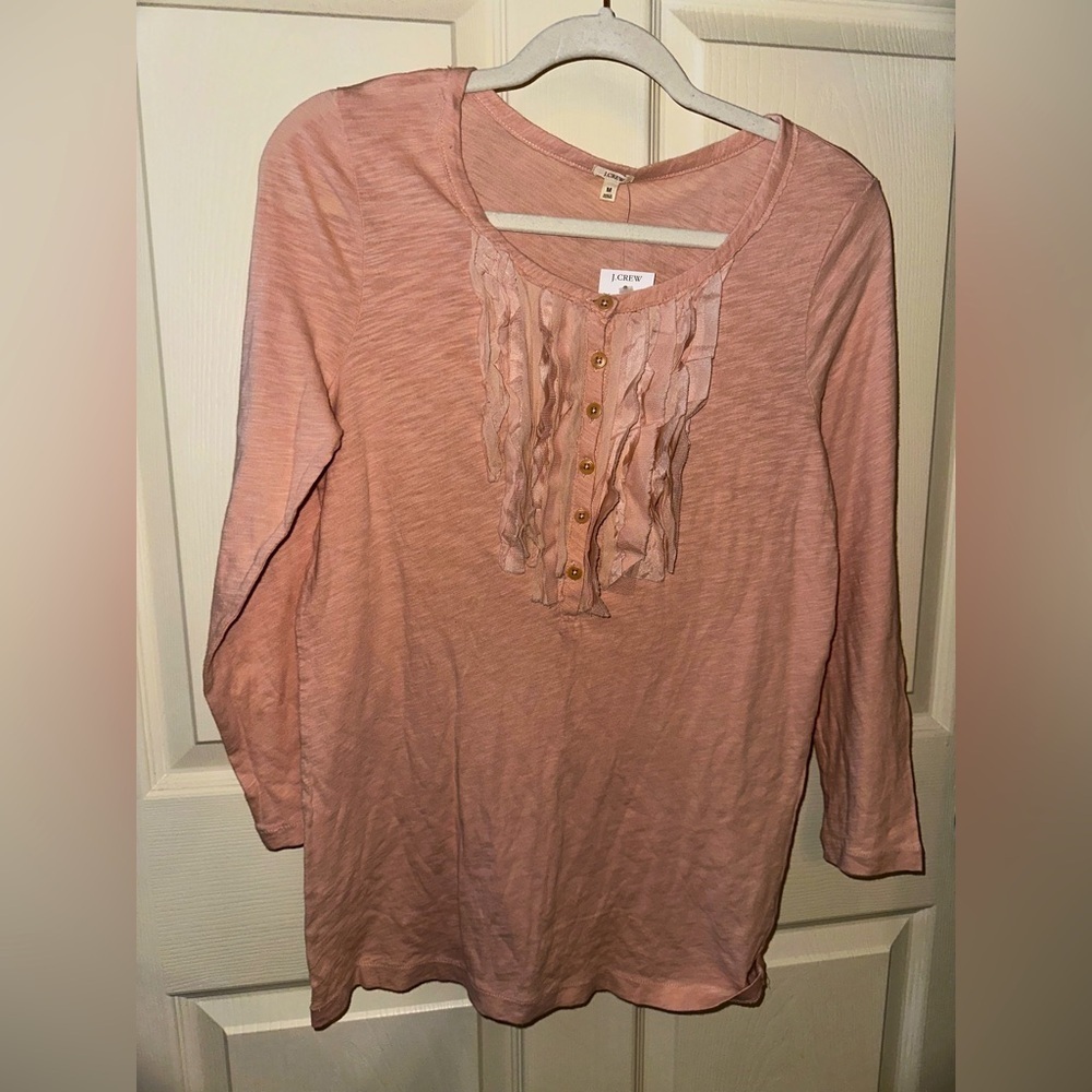 J. Crew Pink Ruffled 3/4 sleeve Blouse cotton boho lightweight NWT